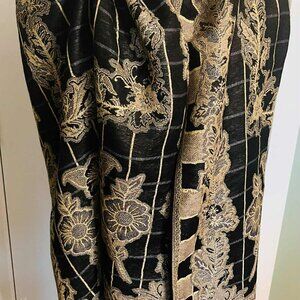 Vintage Pashmina Viscose Shawl 1990s, Black & Gold Floral Jacquard, Large
